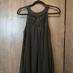 Black Sleeveless Lace Yoke High Neck Chiffon Cocktail Dress Large LBD